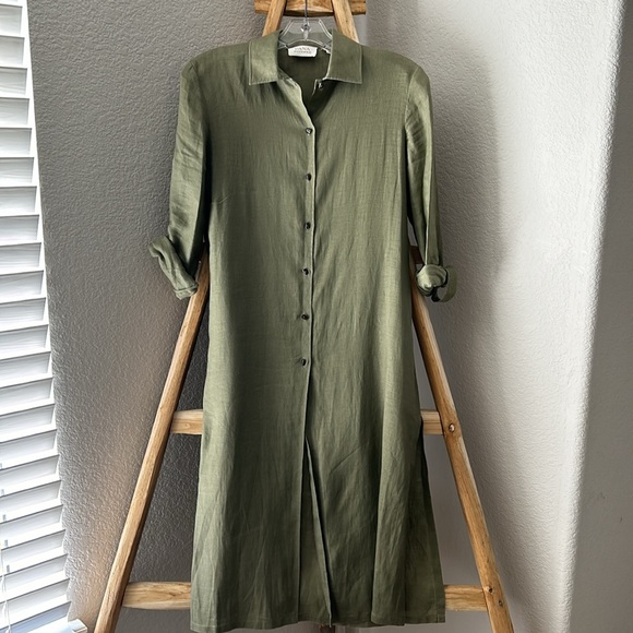 Dana Buchman Dresses & Skirts - Dana Buchman Olive Green Linen Midi Shirt Dress Roll Tab Sleeve